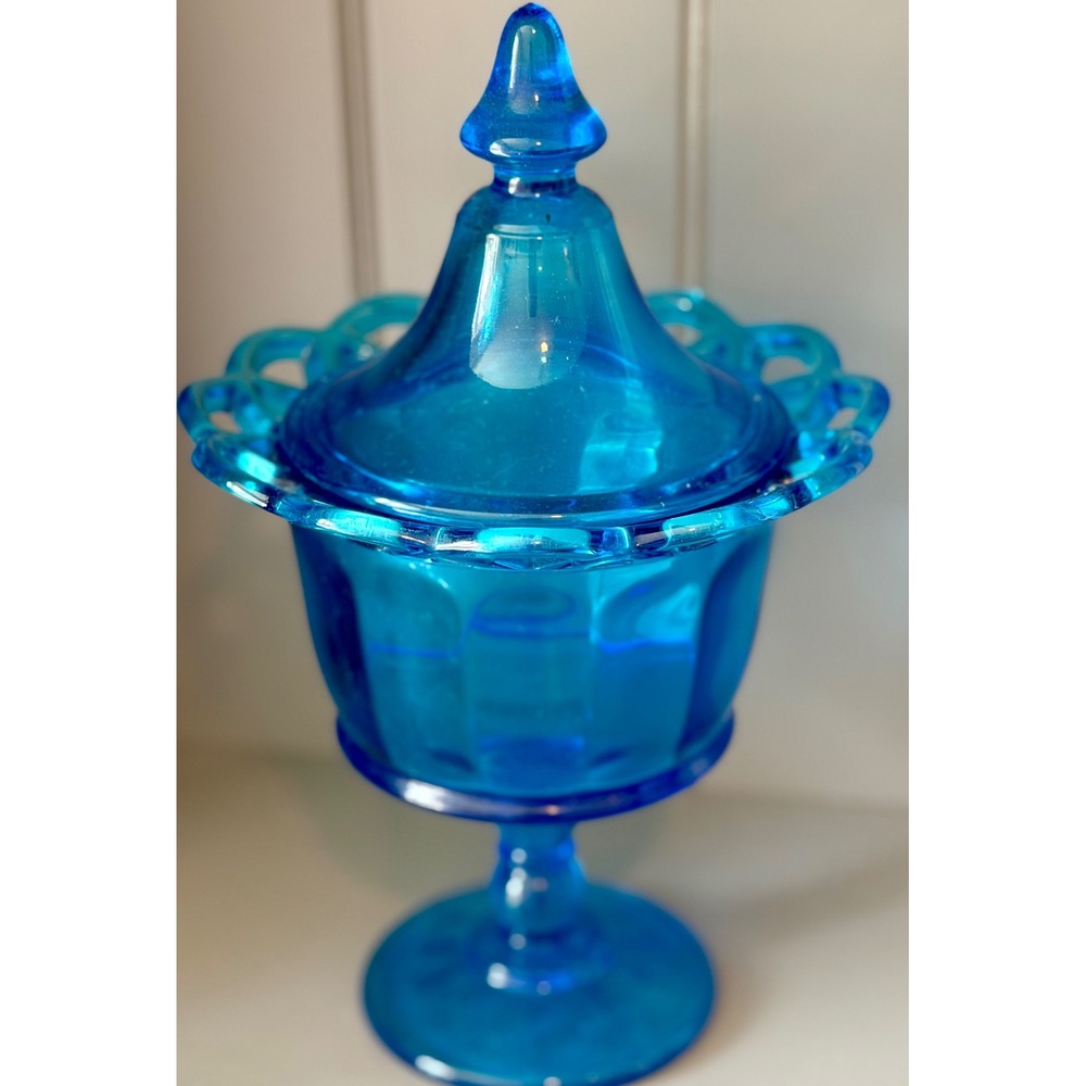 Vintage Blue Glass Candy Dish with Lid Reticulated Edge Pedestal Compote Bowl - Picture 4 of 5